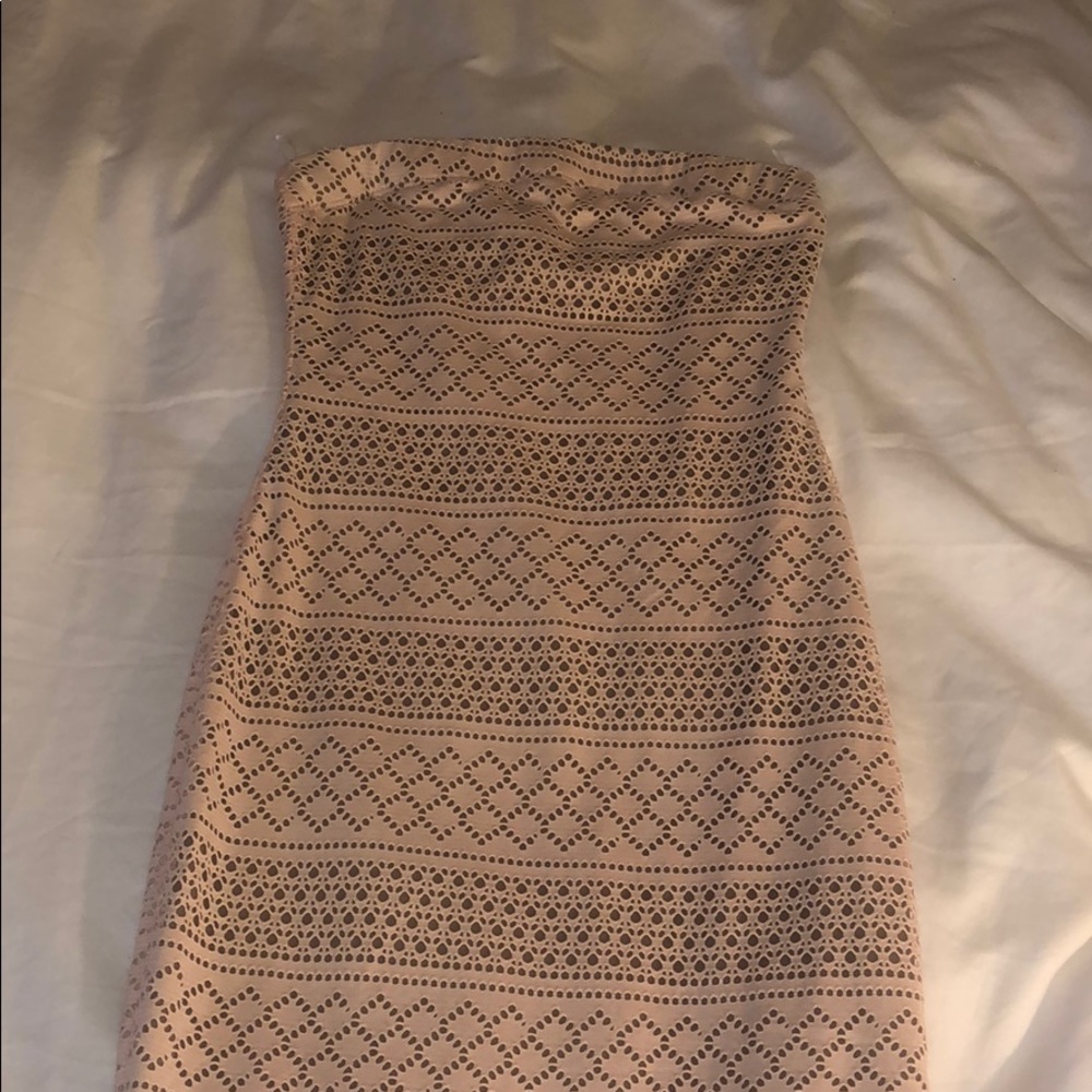 Tan strapless midi dress